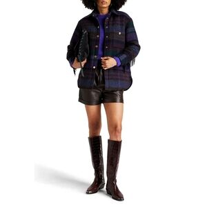 Sandro Dome Plaid Grunge Fringe Wool Barn Coat Sacket